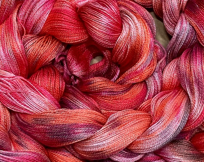 Hand-dyed pre-wound weaving warps, 16/2 cotton, 4 7/8 yards, multiple ends, in shades of red, pink, coral, salmon, red purple, grey -DW296