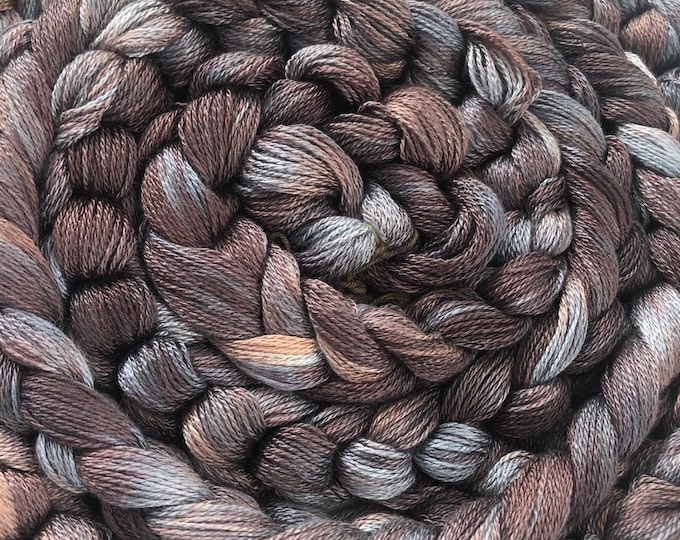 Hand-dyed, pre-wound weaving warp, 8/2 rayon, 100 ends, 14 5/8 yards, in shades of browns, beige, peach, and grey - DW244