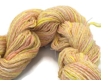 Hand-dyed, cotton and synthetic yarn, 400 yard skein, in bright yellow, peach, beige and white -061