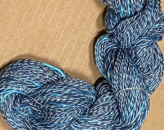 Hand-dyed cotton & synthetic thick-n-thin yarn, 350 yard skeins, in shades of blue, sky-blue, turquoise, and white - DY181