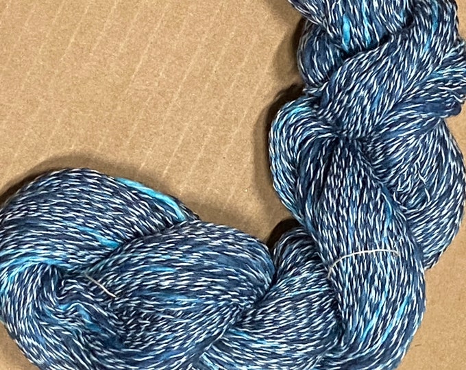 Hand-dyed cotton & synthetic thick-n-thin yarn, 350 yard skeins, in shades of blue, sky-blue, turquoise, and white - DY181