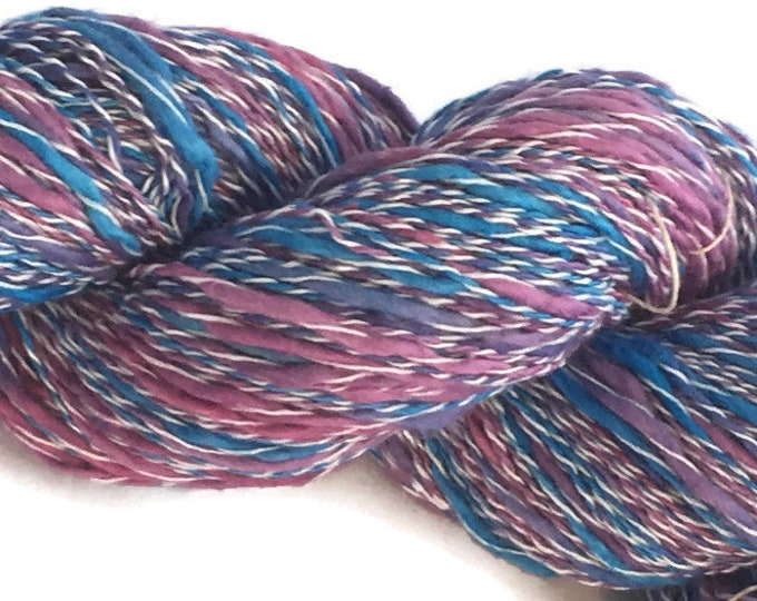 Cotton and synthetic, thick and thin, hand-dyed, 400 yard skeins, in blues, mauve, and purple -DY69