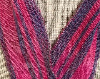 Hand-dyed, handwoven infinity scarf, 3" x 33", striped skinny infinity scarf, in shades off blues, red, pink, and white