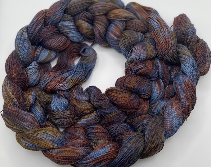Hand-dyed pre-wound weaving warps, 8/2 ring spun cotton, 5 7/8 yards, in shades of blue, charcoal, red brown, olive, and golden brown-DW309