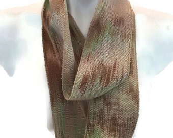 Hand-dyed, handwoven, skinny, Tencel, lightweight, infinity scarf in shades of green, beige, and brown -LIS66