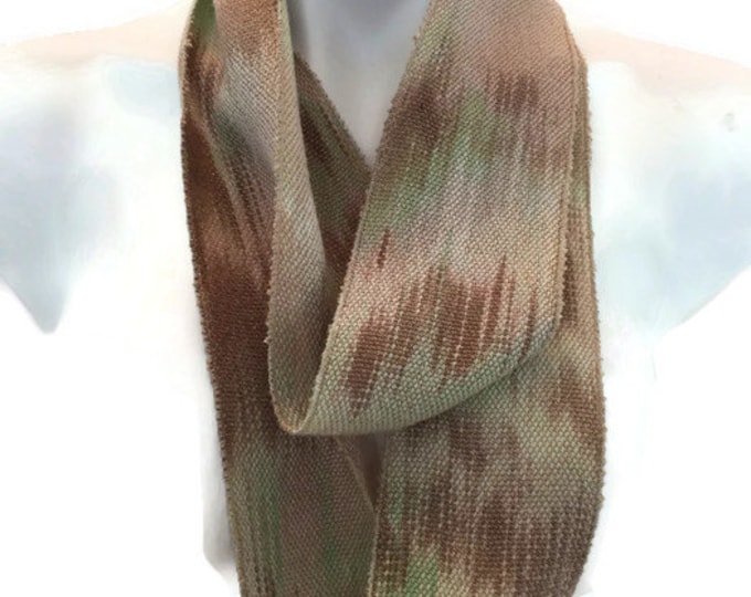 Hand-dyed, handwoven, skinny, Tencel, lightweight, infinity scarf in shades of green, beige, and brown -LIS66