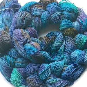 Hand-dyed, pre-wound weaving warp chain, 8/2 ring spun cotton, 3 3/4 yards, multiple ends, in shades turquoise, lavender, and brown DW265 image 3