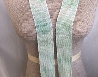Hand-dyed, handwoven skinny scarf, rayon, 47" x 2", in shades of medium to light green and white