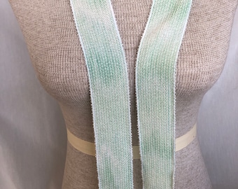 Hand-dyed, handwoven skinny scarf, rayon, 47" x 2", in shades of medium to light green and white