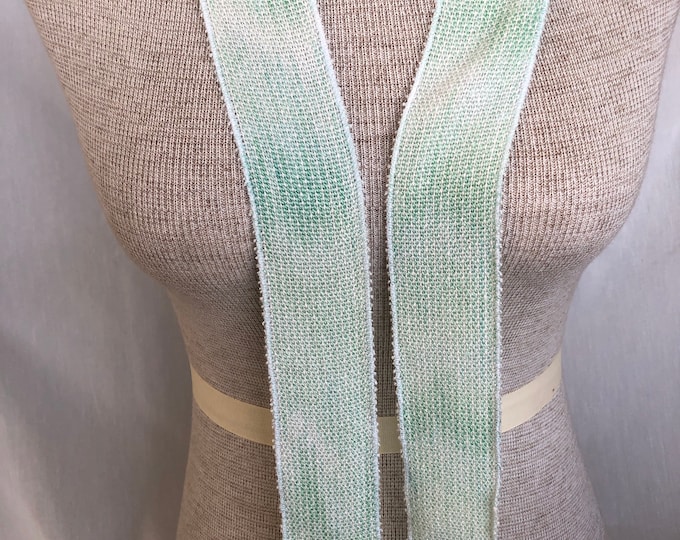 Hand-dyed, handwoven skinny scarf, rayon, 47" x 2", in shades of medium to light green and white