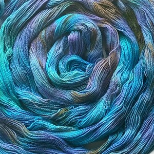 Hand-dyed, pre-wound weaving warp chain, 8/2 ring spun cotton, 3 3/4 yards, multiple ends, in shades turquoise, lavender, and brown DW265 image 2