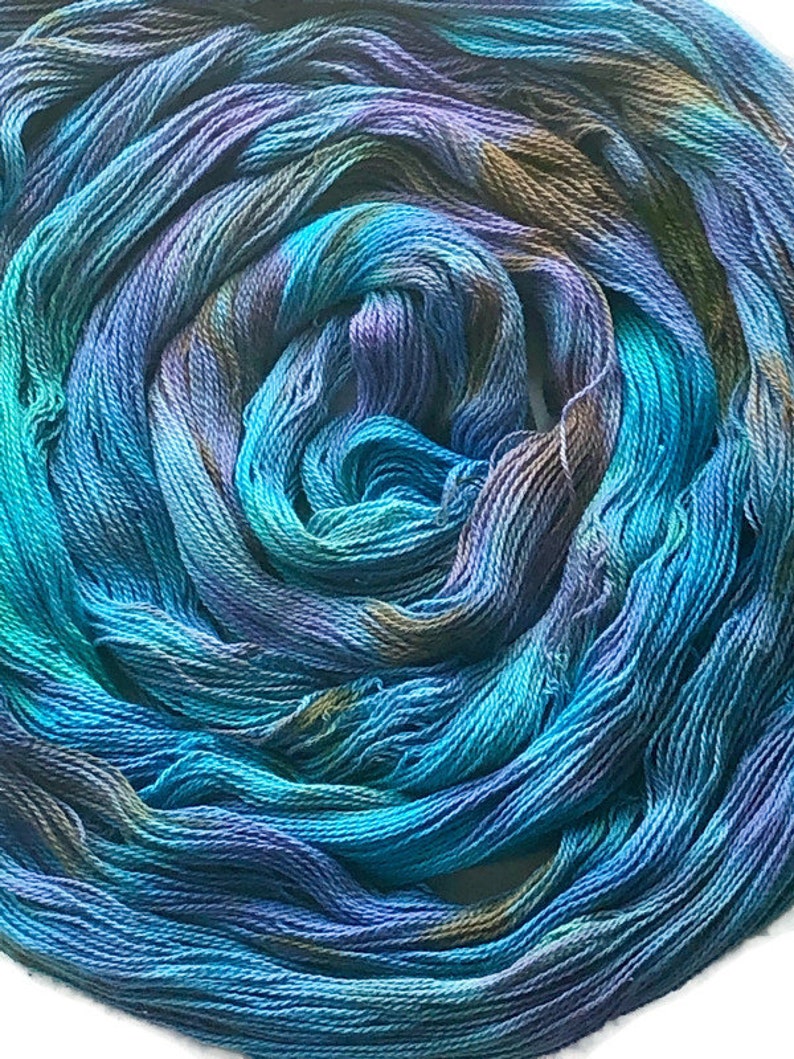 Hand-dyed, pre-wound weaving warp chain, 8/2 ring spun cotton, 3 3/4 yards, multiple ends, in shades turquoise, lavender, and brown DW265 image 2
