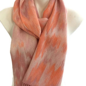 Hand-dyed, handwoven, Tencel, fringed scarf in shades of pink, peach, cream, and orange TFS25 image 2
