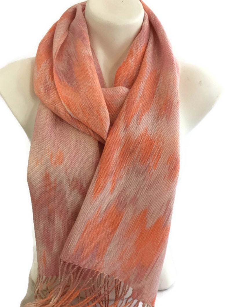 Hand-dyed, handwoven, Tencel, fringed scarf in shades of pink, peach, cream, and orange TFS25 image 2