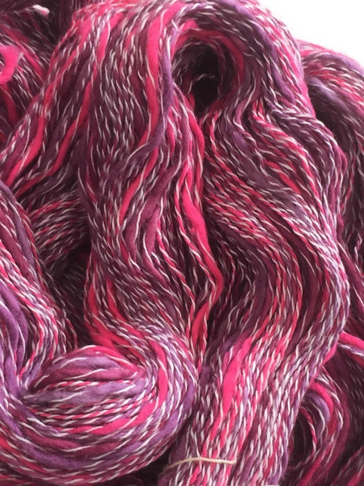Hand-dyed, cotton and synthetic yarn, thick and thin, 400 yards, in hot  pink and purple with white -72