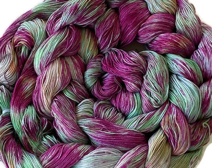 Hand-dyed, pre-wound weaving warp, 6.5/3 mercerized cotton, 4 7/8 yards, multiple ends, in shades of light green, magenta, and peach - DW279