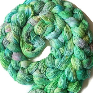 Hand-dyed, pre-wound weaving warp chain, 8/2 ring spun cotton, 5 3/4 yards, multiple ends, in shades of green, yellow, peach, blue - DW260