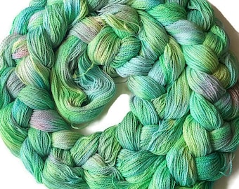 Hand-dyed, pre-wound weaving warp chain, 8/2 ring spun cotton, 5 3/4 yards, multiple ends, in shades of green, yellow, peach, blue - DW260