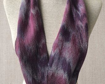 Hand-dyed, handwoven infinity scarf, 6" x 48", Tencel, in shades of purple, lavender, red purple, grey, and white