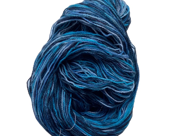 Hand-dyed cotton yarn, 2 ply, 400 yard skeins, in shades of dark charcoal, blue, turquoise, and grey
