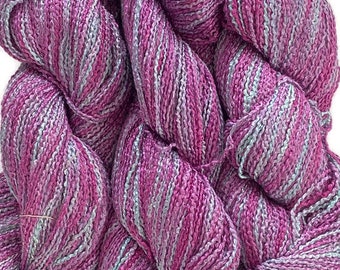 Hand-dyed yarn, 98% rayon with nylon, shiny and soft yarn, 350 yard skeins, in shades of red purple, lavender, and light blue-green - DY176