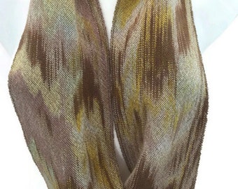 Hand-dyed, handwoven, Tencel, infinity scarf in shades of brown, beige, yellow, and light green -MIS76