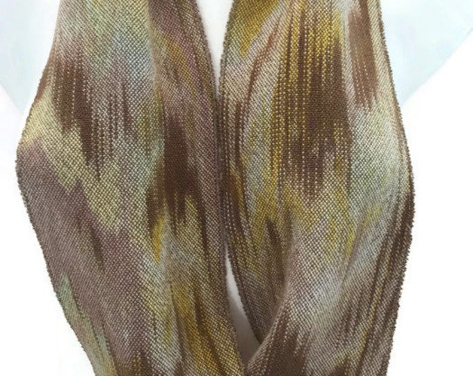Hand-dyed, handwoven, Tencel, infinity scarf in shades of brown, beige, yellow, and light green -MIS76
