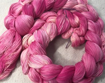 Hand-dyed, pre-wound weaving warp chain, 16/3 cotton, 200 and 400 ends, 4 3/4 yards, in multiple shades of pinks