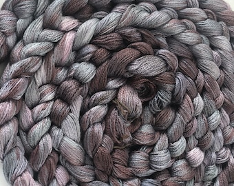 Hand-dyed, pre-wound weaving warp, 8/2 rayon, 100 ends, 14 5/8 yards, in shades of grey, silver grey, brown, beige, and pale peach - DW245