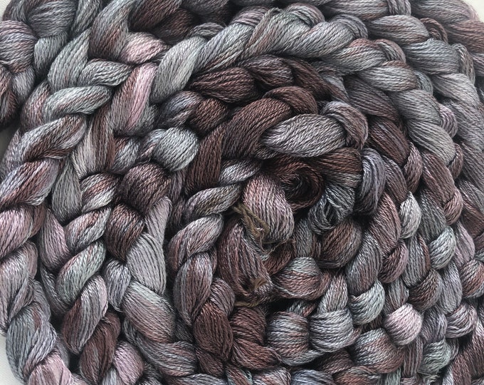 Hand-dyed, pre-wound weaving warp, 8/2 rayon, 100 ends, 14 5/8 yards, in shades of grey, silver grey, brown, beige, and pale peach - DW245