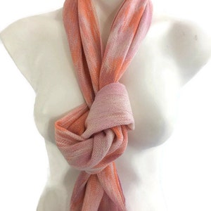 Hand-dyed, handwoven, Tencel, fringed scarf in shades of pink, peach, cream, and orange TFS25 image 3