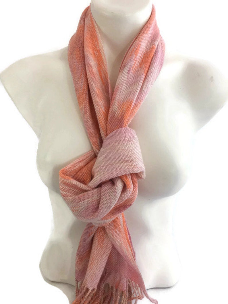 Hand-dyed, handwoven, Tencel, fringed scarf in shades of pink, peach, cream, and orange TFS25 image 3