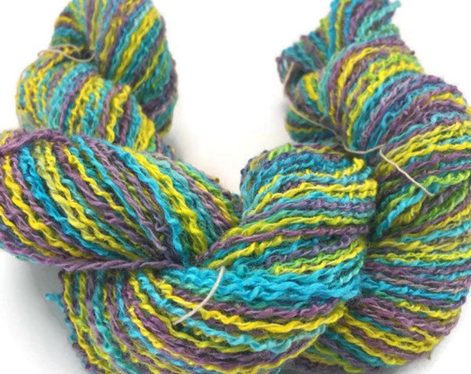 Hand-dyed cotton and rayon boucle, 200 yards, in purple, yellow, and turquoise -026