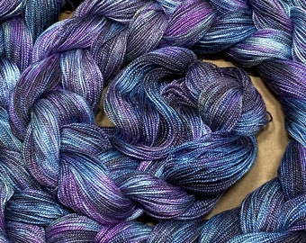 Hand-dyed pre-wound weaving warp, 8/2 rayon, 5 7/8 yards, multiple ends, in shades of black, charcoal, blue, grey, purple, pale grey- DW294