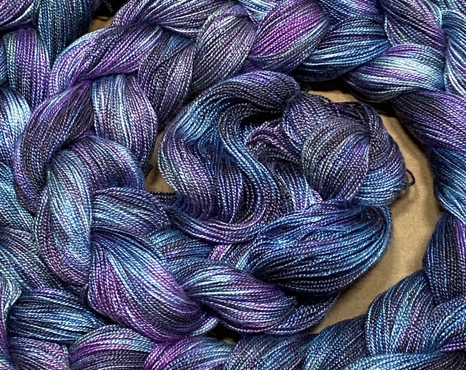 Hand-dyed pre-wound weaving warp, 8/2 rayon, 5 7/8 yards, multiple ends, in shades of black, charcoal, blue, grey, purple, pale grey- DW294