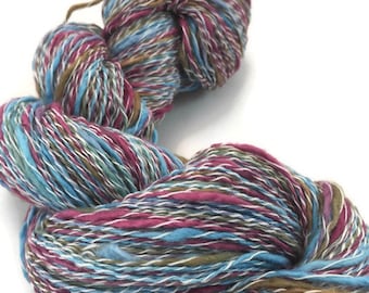 Hand-dyed, cotton and synthetic, thick and thin yarn, 400 yards, in blue, raspberry, and brown -068