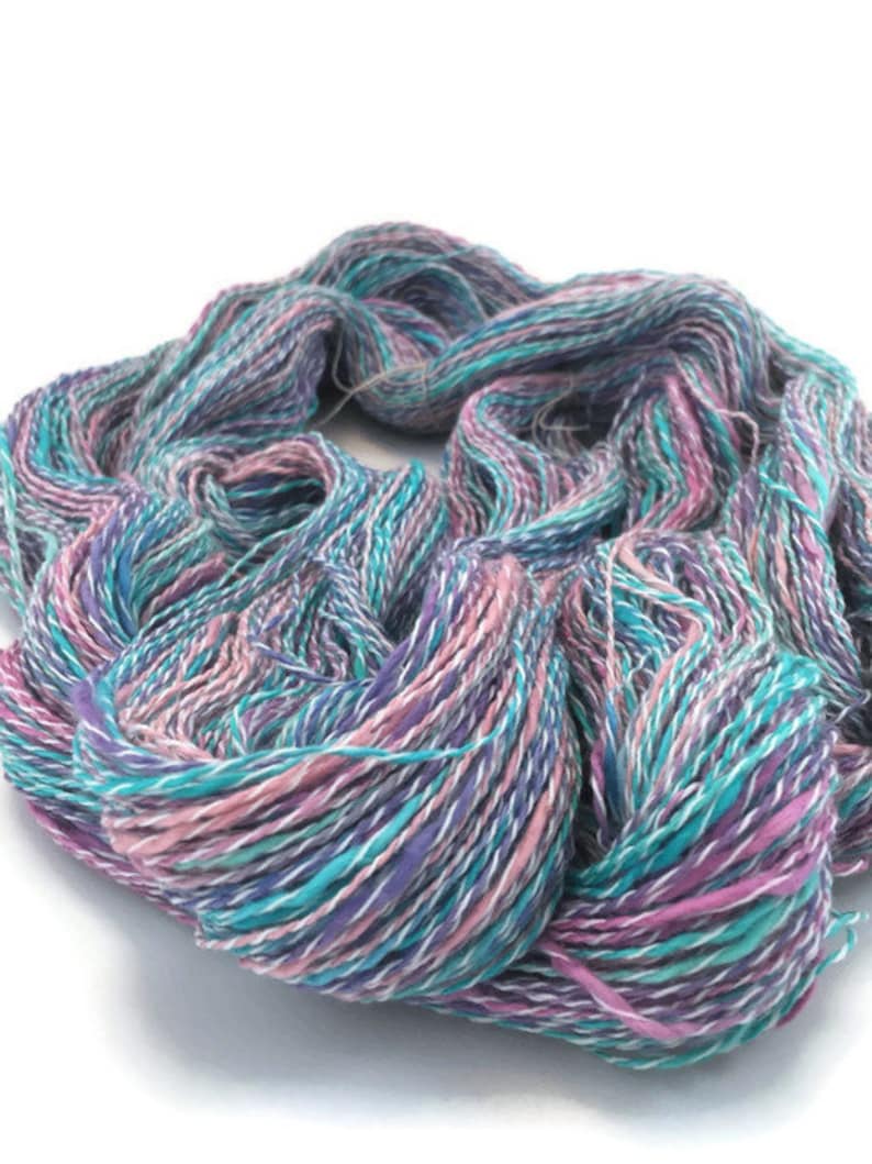 grape cotton and synthetic fingering yarn thick and thin in turquoise and pink -067 Hand-dyed 20 yard mini-skeins and 400 yard skeins