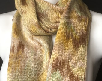 Hand-dyed, handwoven, fringed, Tencel scarf in shades of yellow, gold, brown, and light green -TFS9