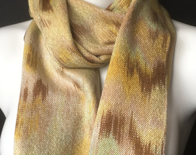 Hand-dyed, handwoven, fringed, Tencel scarf in shades of yellow, gold, brown, and light green -TFS9