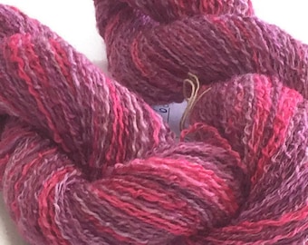 Hand-dyed, cotton and rayon, boucle yarn, 200 yard skeins, in shades pinks and violets -28