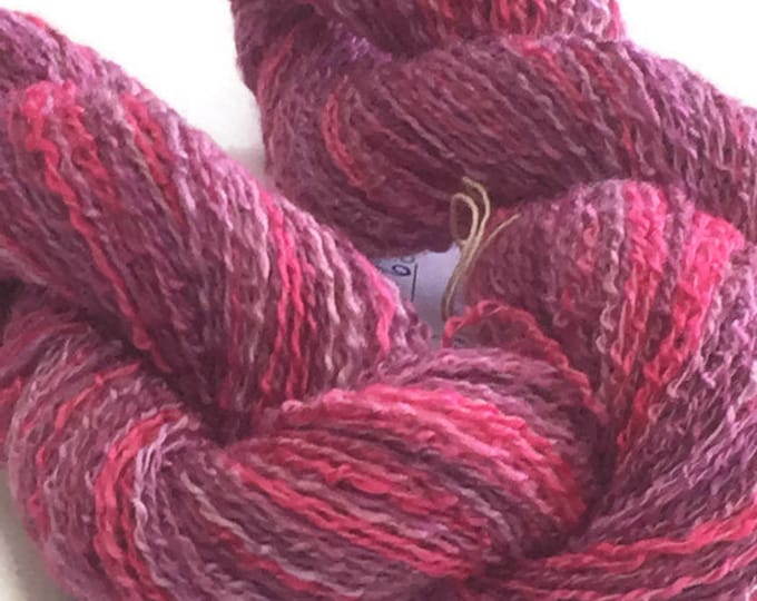 Hand-dyed, cotton and rayon, boucle yarn, 200 yard skeins, in shades pinks and violets -28