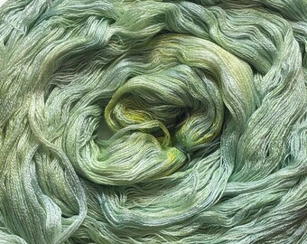 Hand-dyed, pre-wound weaving warp chain, 8/2 rayon, 3 1/8 yards, 400 ends, in shades of light bright green, light green, and yellow - DW254