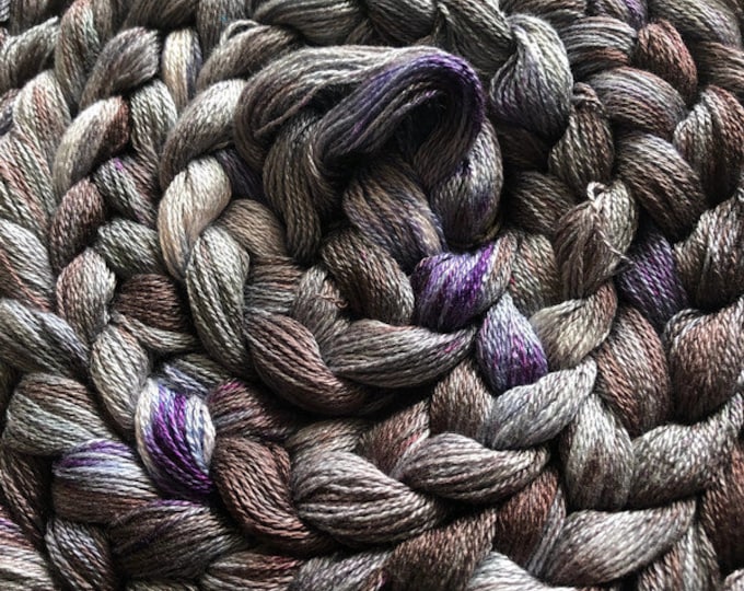 Hand-dyed, pre-wound weaving warp chain, 8/2 rayon, 100 ends, 14 5/8 yards long, in greys, light blue, browns, purple, and white - DW243