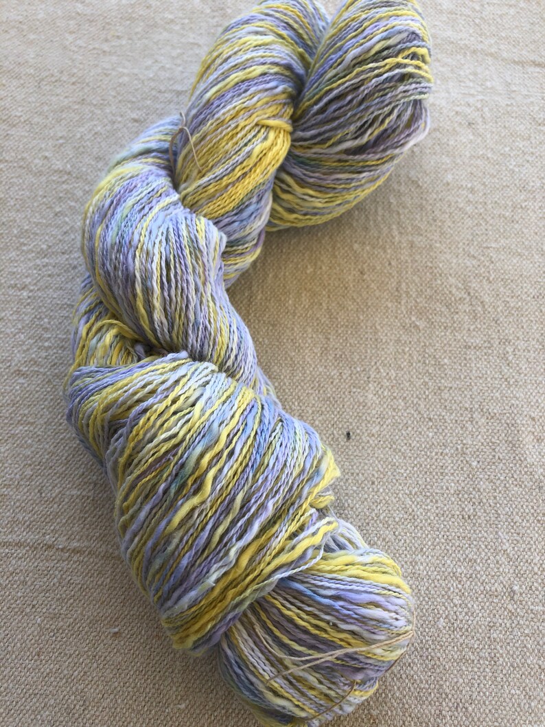 Hand-dyed, 2-ply cotton, thick and thin yarn, 500 yard skeins, in shades of yellow, lavender, and blue image 7