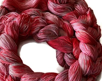 Hand-dyed pre-wound weaving warp chains, 10/3 cotton, 4 5/8 yards, multiple ends, in shades of red, pink, grey and taupe - DW278