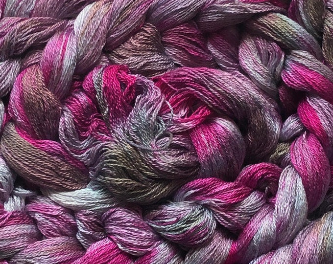 Hand-dyed, pre-wound weaving warp chain, 8/2 rayon, 7 3/4 yards, 200 ends, in shades of grey, silver, pink, magenta, and lavender - DW253