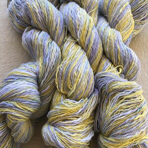 Hand-dyed, 2-ply cotton, thick and thin yarn, 500 yard skeins, in shades of yellow, lavender, and blue image 5