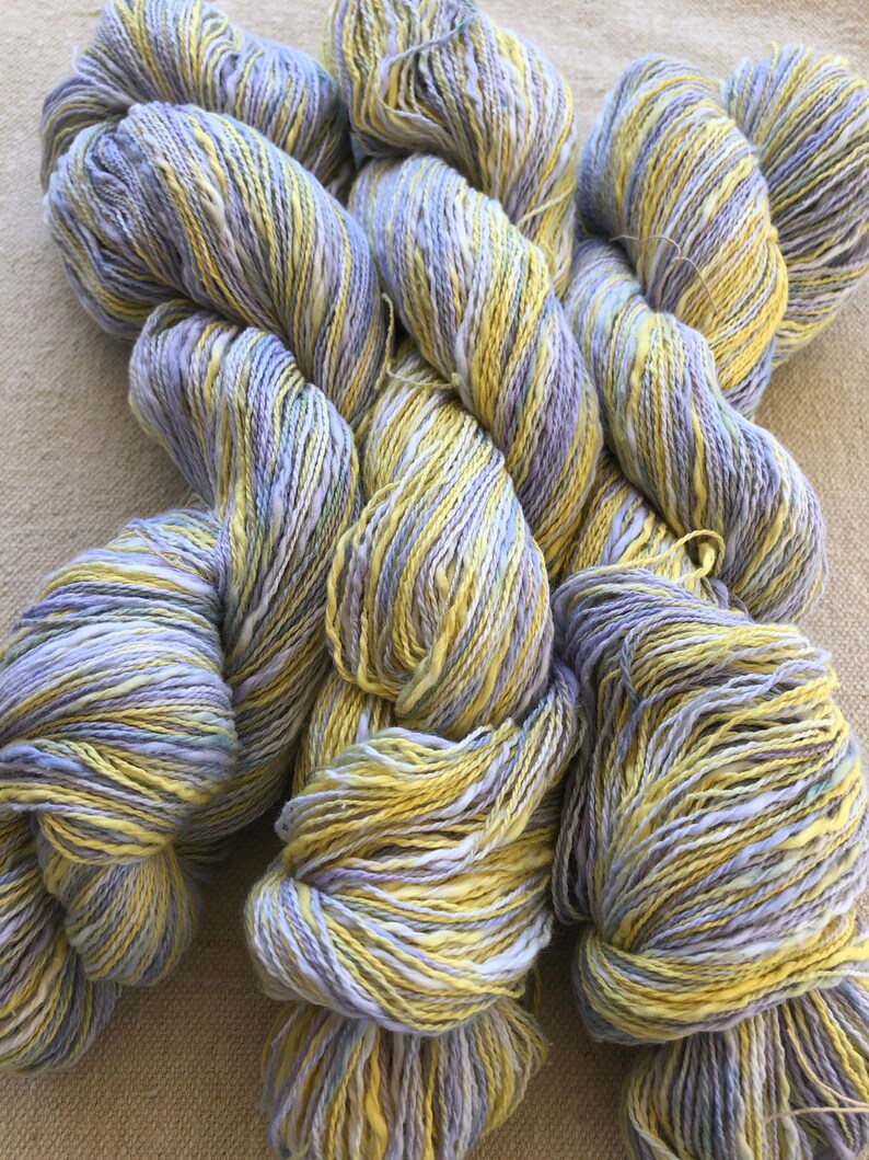 Hand-dyed, 2-ply cotton, thick and thin yarn, 500 yard skeins, in shades of yellow, lavender, and blue image 5