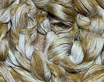 Hand-dyed pre-wound weaving warp, 20/2 rayon, 4 7/8 yards, multiple ends, in shades of beige, golden brown, brown, and white - DW289