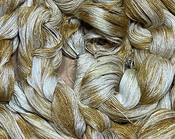 Hand-dyed pre-wound weaving warp, 20/2 rayon, 4 7/8 yards, multiple ends, in shades of beige, golden brown, brown, and white - DW289